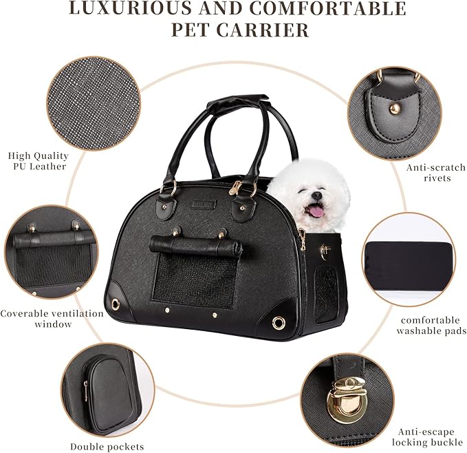 Dog Carrier, Pet Carrier, Dog Purse, Foldable Premium PU Leather Cat Carrier, Portable Tote Bag Carrier for Cats and Small Dogs - Black