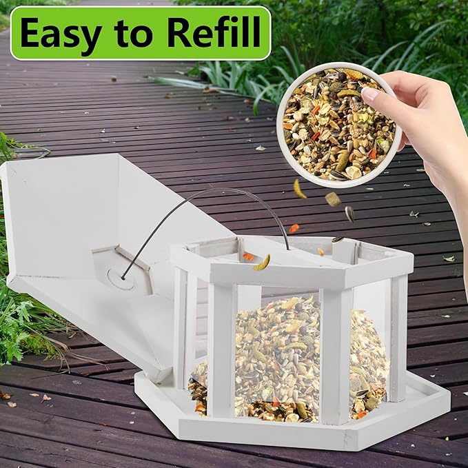 White Hexagon Shaped Wild Bird Feeder for Outside, Hollow Mesh Tray, Large Capacity, Easy to Clean & Fill， for Garden Decor Yard and Bird Watchers