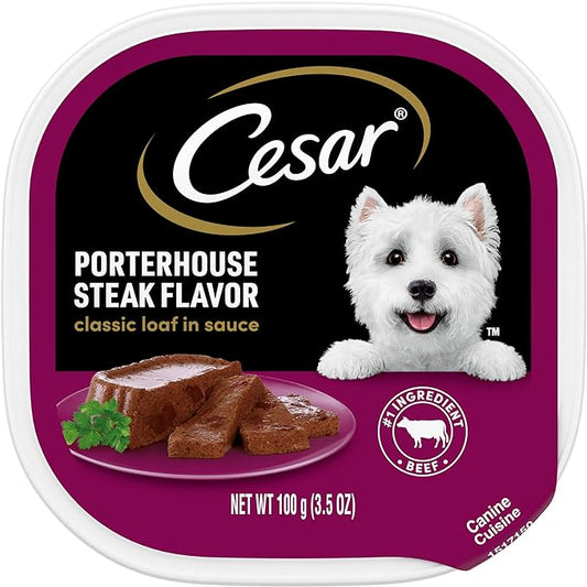 CESAR Adult Wet Dog Food Classic Loaf in Sauce Porterhouse Steak Flavor, 3.5 oz. Easy Peel Trays, Pack of 24