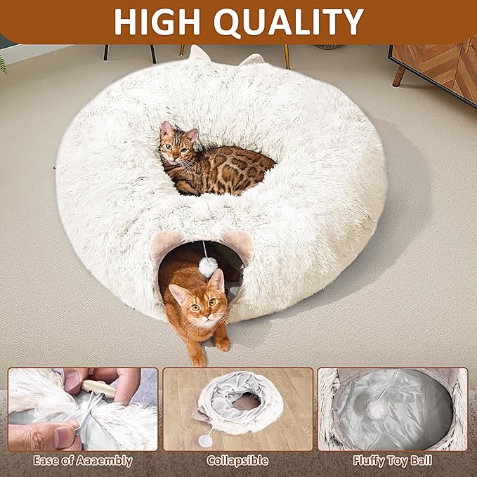 Cat Tunnel with Cat Bed for Indoor Cats, Soft Plush Peekaboo Cat Cave Donut Tunnel, Multifunctional Cat Playground Toys Hideplace for Small Medium Large Cats, Kittens, Rabbit, Ferret (Cream White)