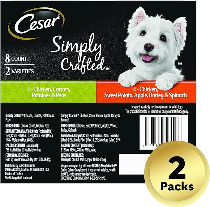 CESAR SIMPLY CRAFTED Adult Soft Wet Dog Food Meal Topper Variety Pack, Chicken, Carrot, Potato & Peas and Chicken, Sweet Potato, Apple, Barley & Spinach, 8 Count(Pack of 2)