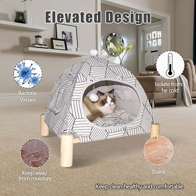 Pozico 2 in 1 Cat Bed Tent Wooden Frame Cat Teepee Cat Hammock, Quick Assembly and Disassembly, Portable Indoor/Outdoor Pet Dog Tent House for Cats Puppies Small Animals:White Diamond Tent