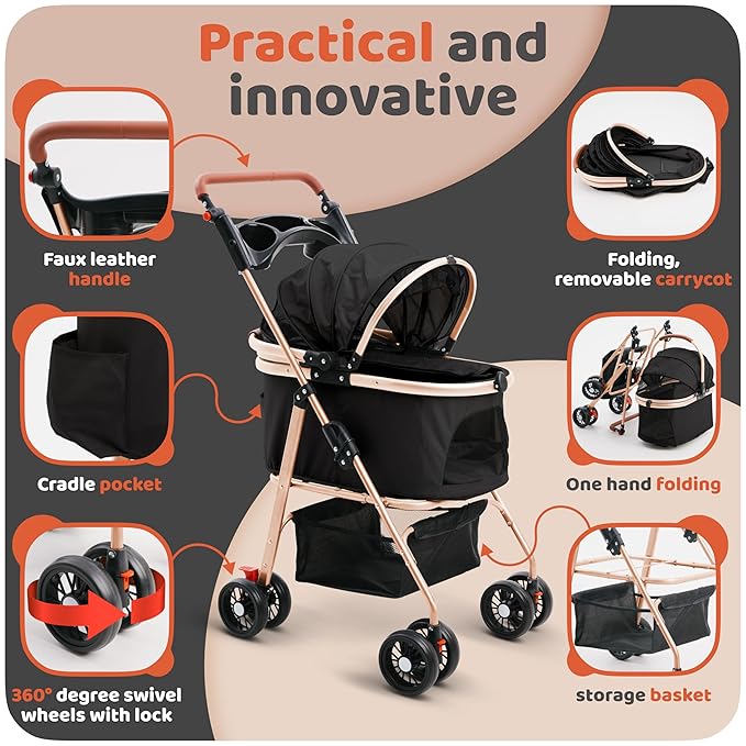 Dog Stroller, Pet Stroller, Cat Stroller – Zipperless Entry, Easy Fold with Removable Liner, Storage Basket + Cup Holder (Black)