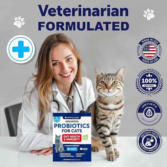 Probiotics for Cats - Cat Probiotic Support Gut Health, Itchy Skin, Allergies, Immunity, Yeast Balance - Cat Probiotics for Indoor Cats Digestive Enzymes with Prebiotics - Cat Diarrhea Relief