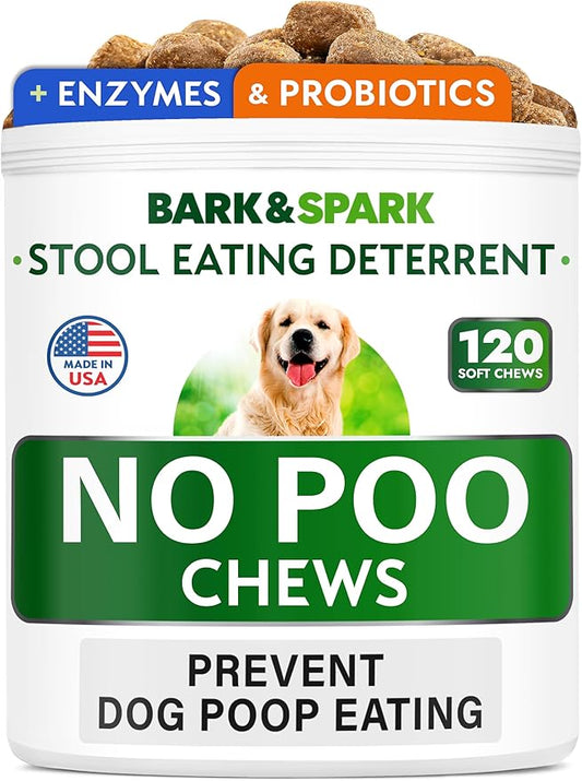 BARK&SPARK NO Poo Treats - Prevent Dog Poop Eating - Coprophagia Treatment - Stool Eating Deterrent - Probiotics & Enzymes - Digestive Health + Breath Aid - 120 Soft Chews - USA Made - Bacon Flavored