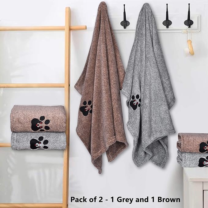 Dog Towels for Drying Dogs - Pack of 2 - Super Absorbent Soft Microfiber Pet Bath Grooming Towel for Dogs and Cats & Other Pets (M-36" * 28", Grey and Brown)