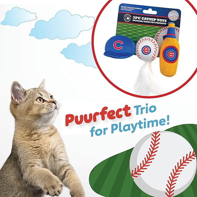 BEST PLUSH CAT TOY: MLB CHICAGO CUBS Complete Set of 3 piece Cat Toys filled with Fresh Catnip. Includes: 1 Baseball Cap Cat Toy, 1 Baseball Cat Toy with Feathers & 1 Beer Bottle. Beautiful Team LOGOS