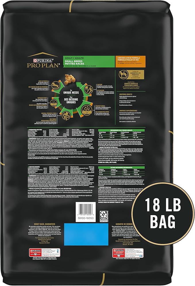 Purina Pro Plan Small Breed Dog Food With Probiotics for Dogs, Shredded Blend Chicken & Rice Formula - 18 lb. Bag