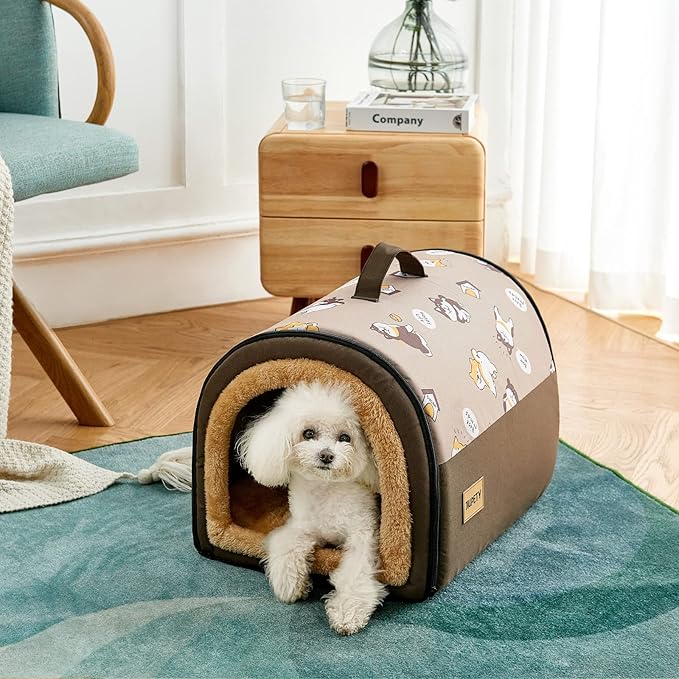 Jiupety Cozy Small Dog House, 2 in 1 Pet Dog House, M Size House for Cat and Small Dog, Portable House for Small Dogs, Brown