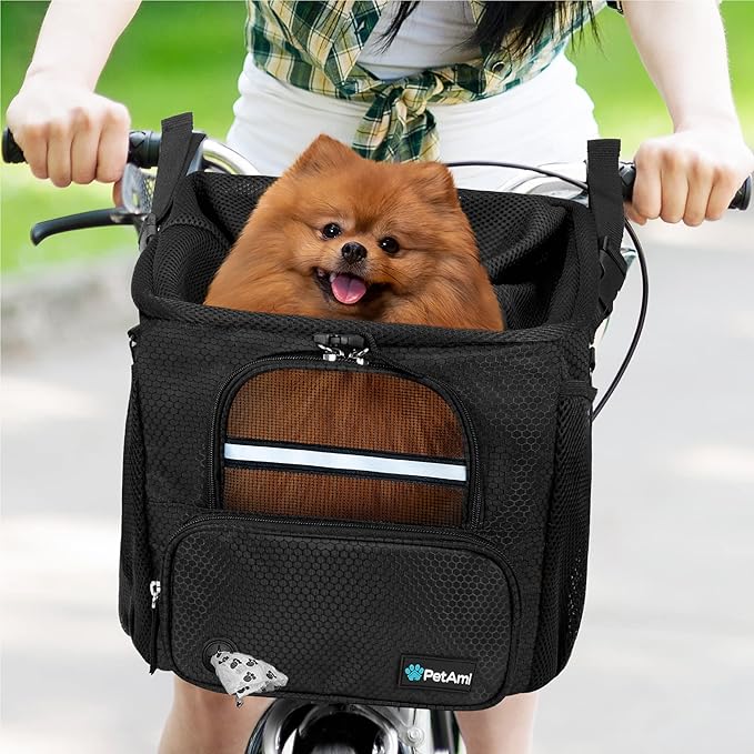 PetAmi Dog Bike Basket, Soft-sided Ventilated Dog Bike Carrier Backpack, Dog Pet Bicycle Basket for Bike Handlebar, Small Medium Puppy Cat Kitten Car Booster Seat with Safety Strap (Black)