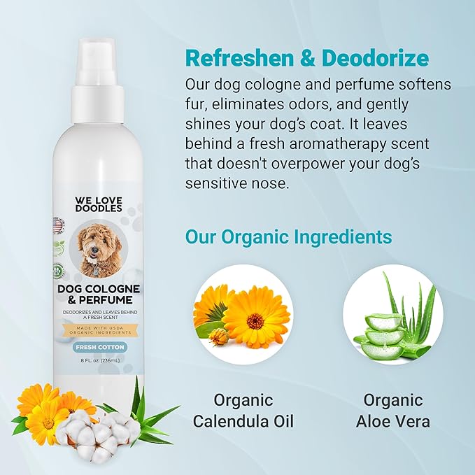 Dog Cologne & Perfume, Deodorizing, Organic, Made In USA, Long Lasting After Bath, Deodorant For Smelly Dogs, Pawfume For Pets, Odor Eliminator Spray Puppies, Fresh Cotton [We Love Doodles]