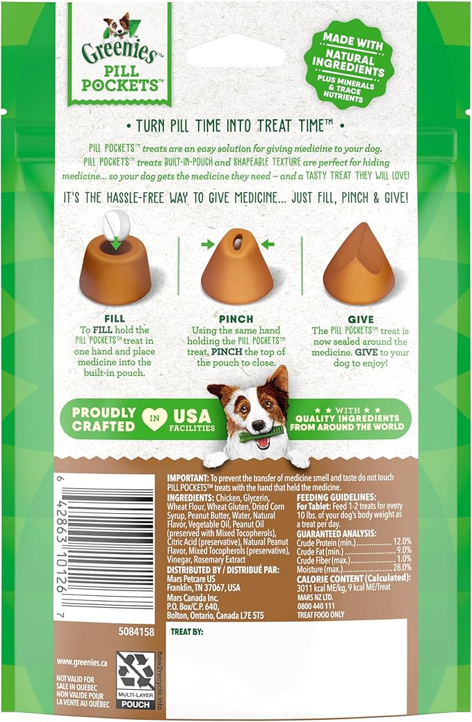 GREENIES PILL POCKETS for Dogs Tablet Size Natural Soft Dog Treats with Real Peanut Butter, 3.2 oz. Pack (30 Treats)