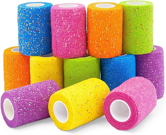 Self Adhesive Wrap, Glitter Cohesive Vet Tape for Pets (3x180 in, 12 Pack)