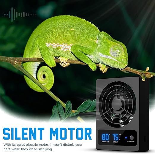 Reptile Ventilation Fan with Humidity Sensor and High-Temp Alarm, Fan Dehumidifier for Reptile Enclosure and Terrarium, Suitable for Humid Environments, Rainforest and Ecological Tanks