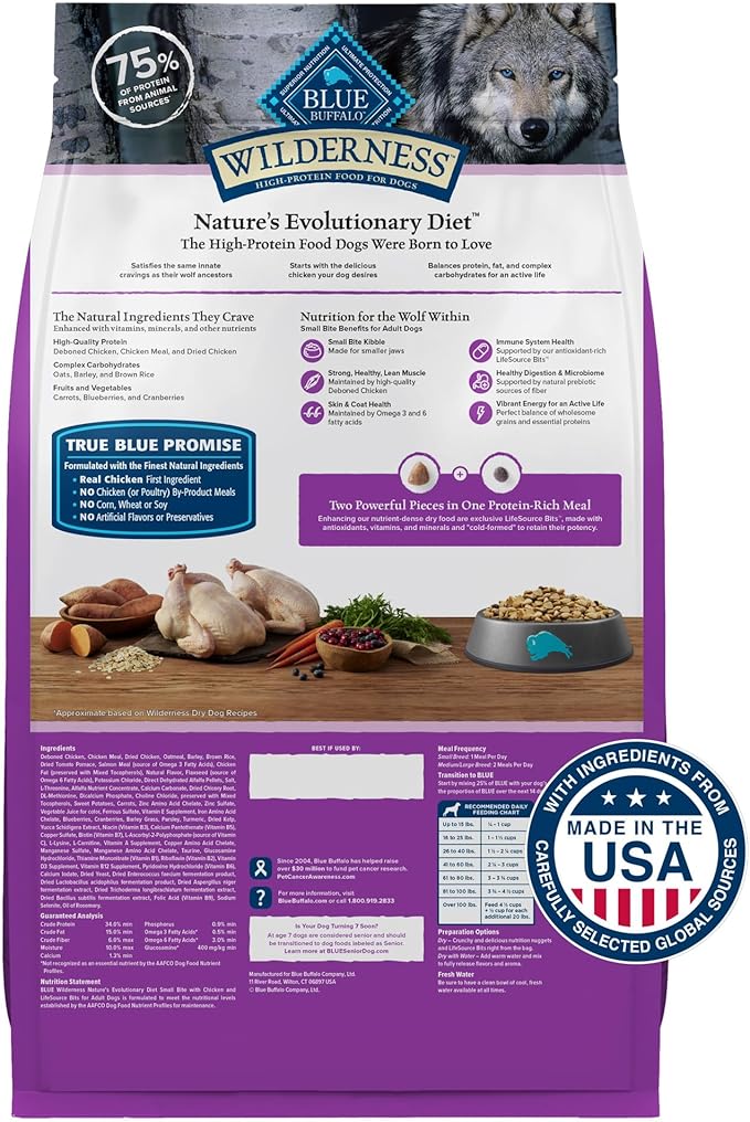 Blue Buffalo Wilderness Natural High-Protein, Small-Bite Dry Food for Adult Dogs, with Wholesome Grains, Chicken, 28-lb bag.