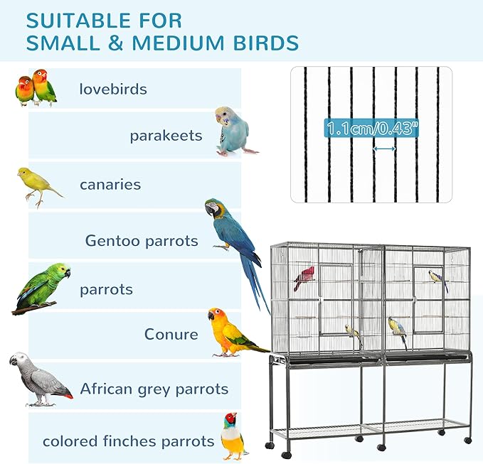 NicBex 64.25" Double Rolling Metal Bird Cage, Large Parakeet Cages with Stand,Pet Flight Birdcage for Parrot Lovebirds Finches Parakeets Budgie Parrotlet Conures,with Rolling Stand, Storage Shelf,Gray