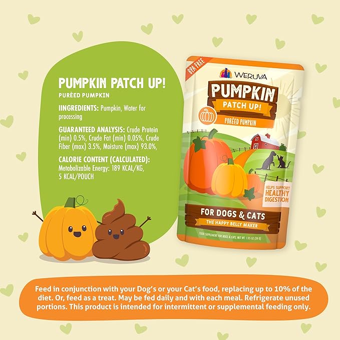Weruva Pumpkin Patch Up! Pumpkin Puree Pet Food Supplement for Dogs & Cats, 1.05oz Pouch (Pack of 12)