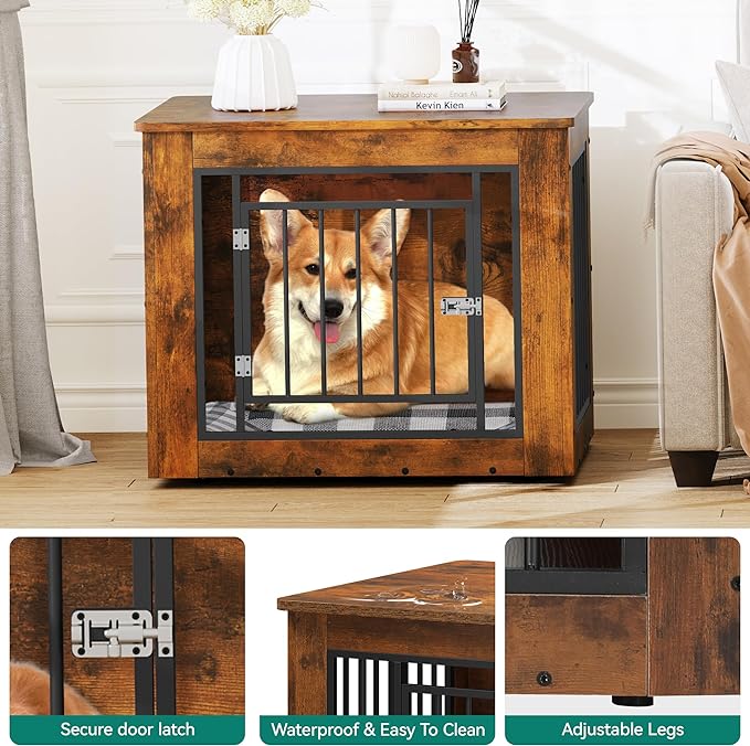 YITAHOME Dog Crate Furniture for Medium Dogs, Side End Table, Modern Dogs Kennel Indoor up to 35 lb, 2-in-1 Iron-Wood Fusion Dog Cage with Waterproof Top, Safety Corners,Steel Lock,30"L, Rustic Brown