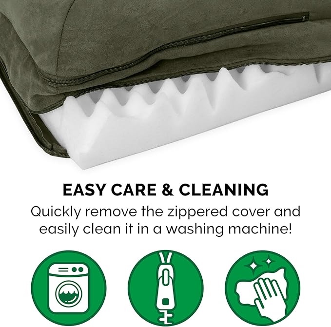 Furhaven Orthopedic Dog Bed for Large/Medium Dogs w/ Removable Bolsters & Washable Cover, For Dogs Up to 55 lbs - Two-Tone Plush Faux Fur & Suede L Shaped Chaise - Dark Sage, Large