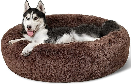 Bedsure Calming Dog Bed for Large Dogs - Donut Washable Large Pet Bed, 36 inches Anti-Slip Round Fluffy Plush Faux Fur Dog Bed, Fits up to 100 lbs Pets, Coffee