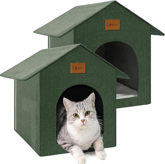 Outdoor Cat House, Outdoor Cat Shelter Feral Cat, Outside Waterproof Cat House for Outdoor/Indoor Cats, Insulated Cat House for Winter with Cozy Cushion, Easy to Assemble, Olive Green, 2 Pack