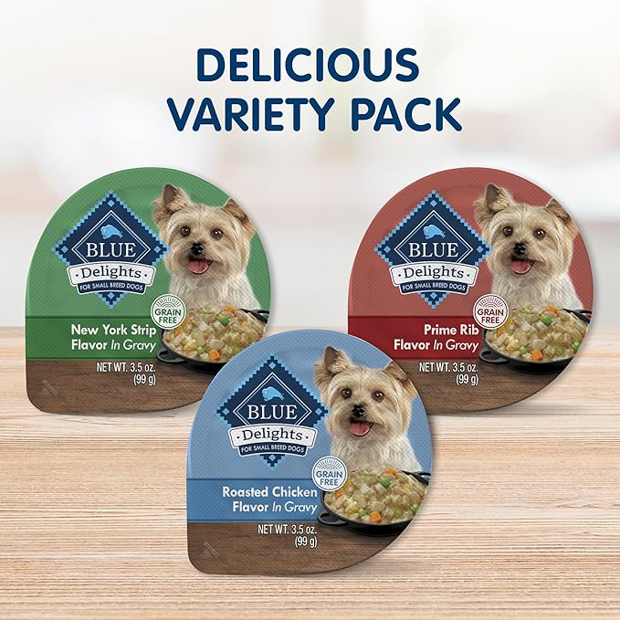 Blue Buffalo Delights Natural Adult Small Breed Wet Dog Food Cups, Pate Style, Chicken, Prime Rib and NY Strip 3.5-oz (24 Pack- 8 of Each Flavor)