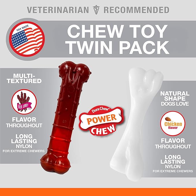 Nylabone Power Chew Classic Bone Chew Toy for Dogs, Durable Dog Toys for Aggressive Chewers, Flavor Frenzy Beef Jerky & Chicken Small/Regular (2 Count)