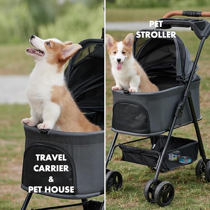 3 in 1 Folding Dog Stroller, Pet Folding Stroller, 4 Wheels Dog/Cat Puppy Stroller w/Removable Travel Carrier for Small/Medium Pet, Waterproof Pad, Car Seat, Sun Shade