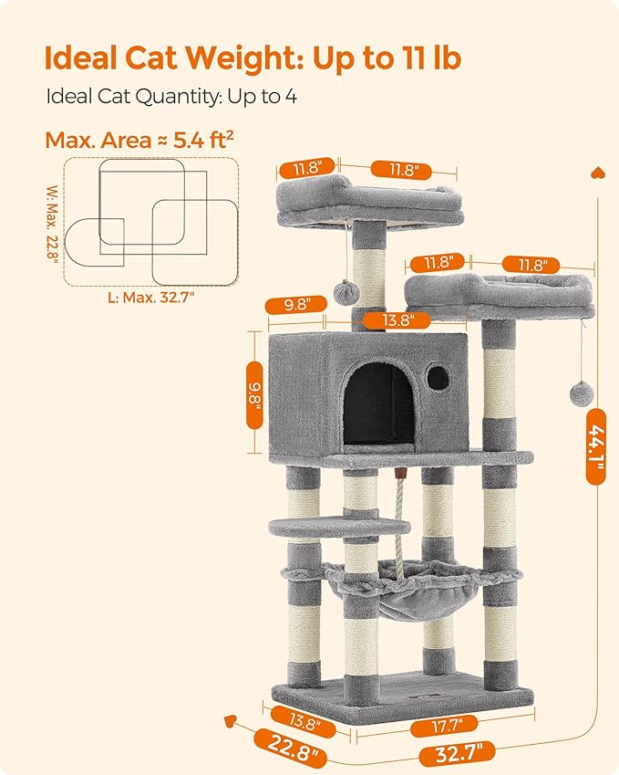 Feandrea Cat Tree, 44.1-Inch Cat Tower for Indoor Cats, Multi-Level Cat Condo with 11 Scratching Posts, 2 Perches, Cave, Hammock, Light Gray UPCT215W01