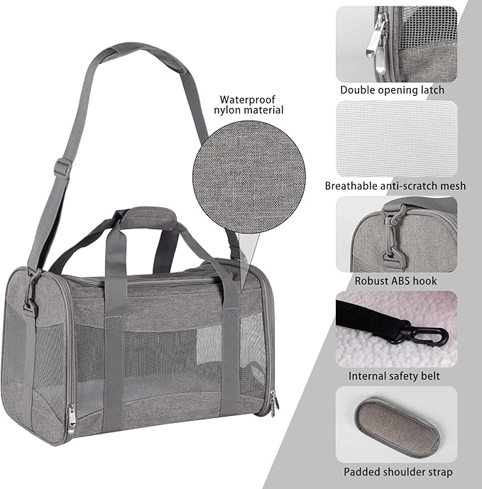 Cat Carrying Case - Pet Carrier Airline Approved, Protable and Breathable Pet Travel Carrier Removable Fleece Pad, Collapsible Cat Carrier Dog Carrier for Medium Cats Small Cats Dogs (X-Large, grey)