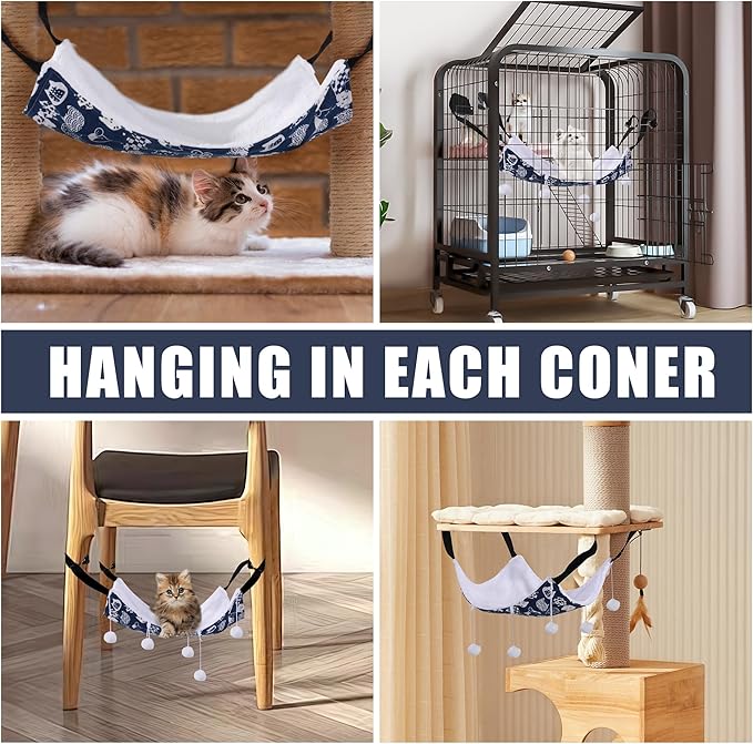 HOMBYS Reversible Cat Hanging Hammock for Cage，Soft Breathable Pet Cage Hammock with Adjustable Straps and Metal Hooks for Cats or Small Pets (Blue)