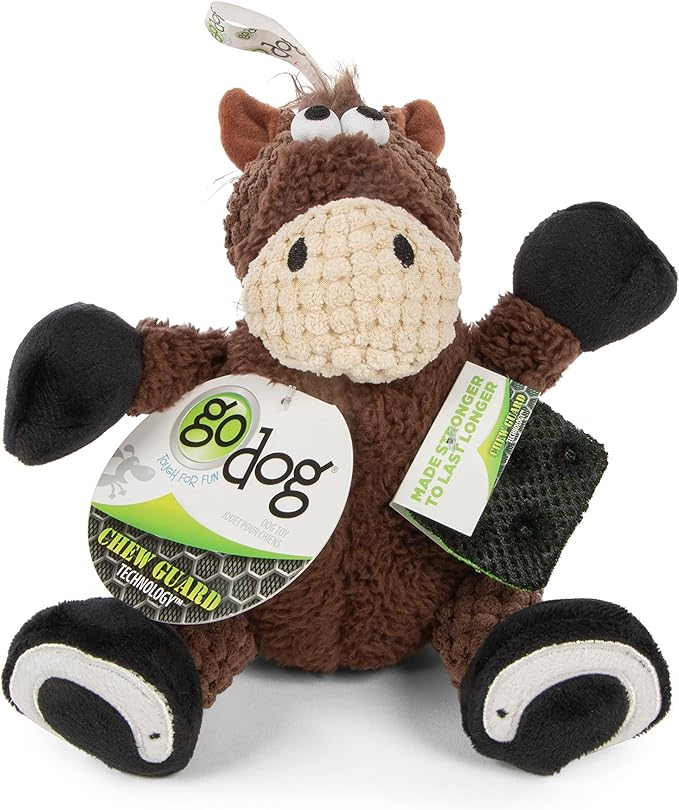 goDog Checkers Sitting Horse Squeaky Plush Dog Toy, Chew Guard Technology - Brown, Small