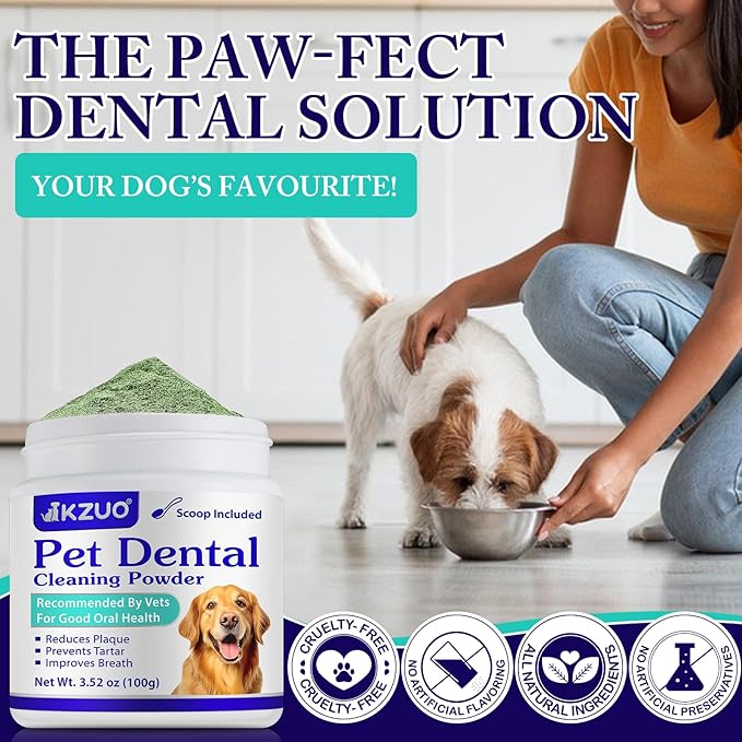 Dog Teeth Cleaning Powder - Dog Dental Powder - Dog Breath Freshener - Targets Tartar & Reduces Plaque & Bad Breath - Teeth Cleaning Made Easy Eliminate - Formulated for Small, Medium, Large Dogs