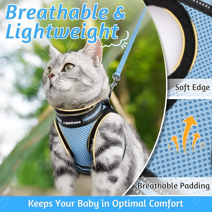 rabbitgoo Cat Harness and Leash Set for Walking Escape Proof, Adjustable Soft Kittens Vest with Reflective Strip for Cats, Comfortable Outdoor Vest, Light Blue, S