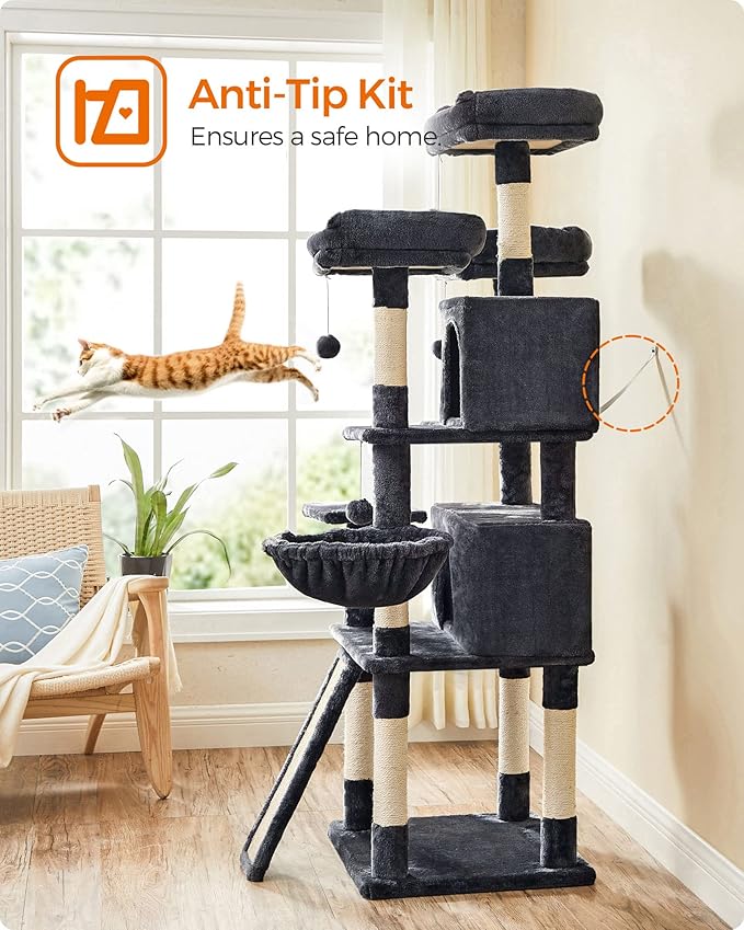 FEANDREA Cat Tree, Large Cat Tower, Cat Condo with Scratching Posts, Board, 2 Caves, 3 Plush Perches, Activity Center, 66.5 Inches, Smoky Gray UPCT019G01