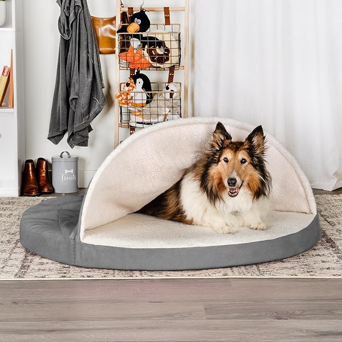 Furhaven 44" Round Cooling Gel Dog Bed for Large Dogs w/ Removable Washable Cover, For Dogs Up to 80 lbs - Sherpa & Suede Snuggery - Gray, 44-inch