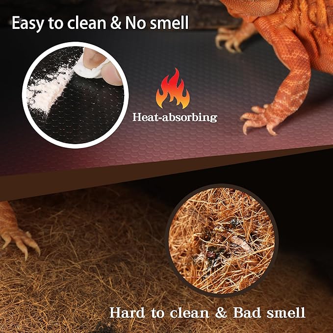 Bearded Dragon Tank Accessories, Reptile Mat, Reptile Terrarium Substrate Liner for Leopard Gecko, Lizard, Snake, Tortoise, Iguana Non-Adhesive Reptile Flooring (18"x36" Black)