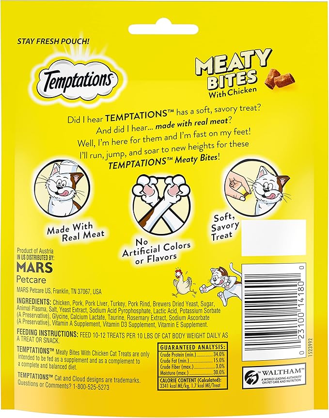 Temptations Meaty Bites Soft and Savory Cat Treats with Chicken, 4.12 oz. Pouch