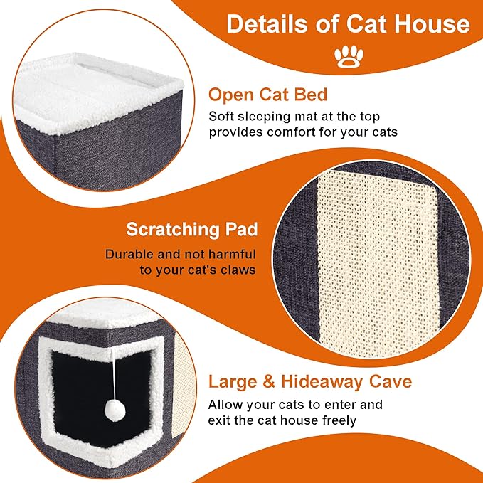 Cat Houses for Indoor Cats - Large Cat Bed Cave for Cat House with Scratch Pad and Fluffy Ball, Foldable Cat Hideaway with Reversible Cushion Cat Condo for Multi Small Pet, Dark Grey