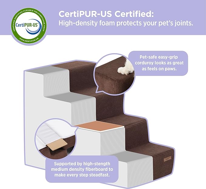 Lesure Dog Stairs for Small Dogs - Pet Stairs for High Beds and Couch, Folding Pet Steps with CertiPUR-US Certified Foam for Cat and Doggy, Non-Slip Bottom Dog Steps, Brown, 5 Steps