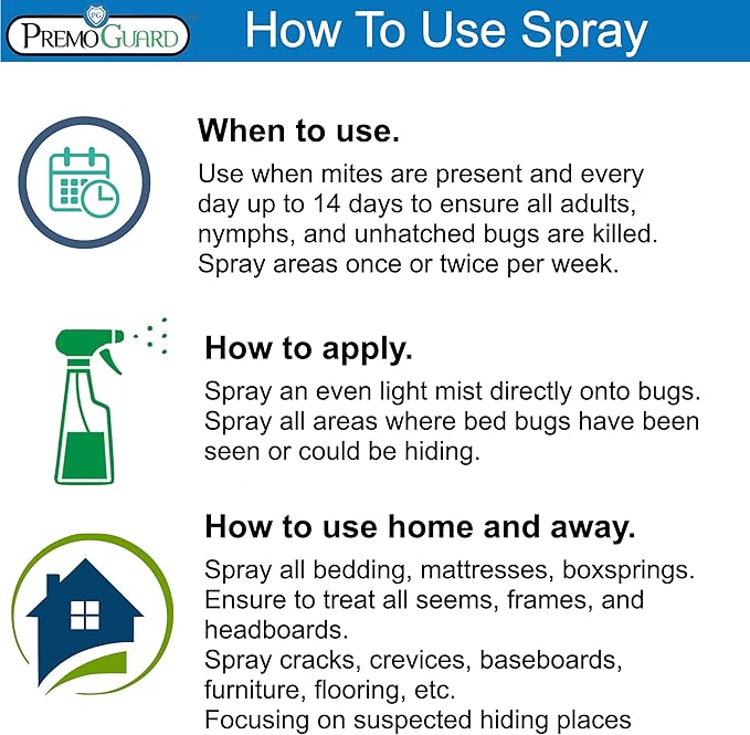 Mite Killer Spray by Premo Guard – Treatment for Dust Spider Bird Rat Mouse Carpet and Scabies Mites – Fast Acting 100% Effective – Child & Pet Safe – Best Natural Extended Protection (16 oz)