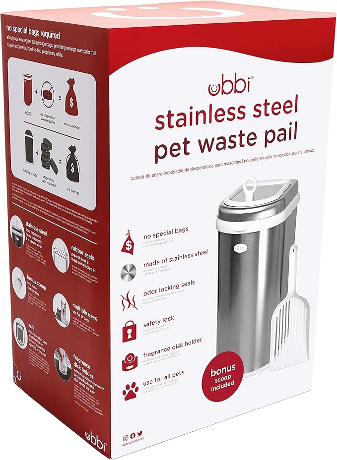 Ubbi Pet Waste Pail, Cat Litter Disposal System, Odor Locking, Chrome