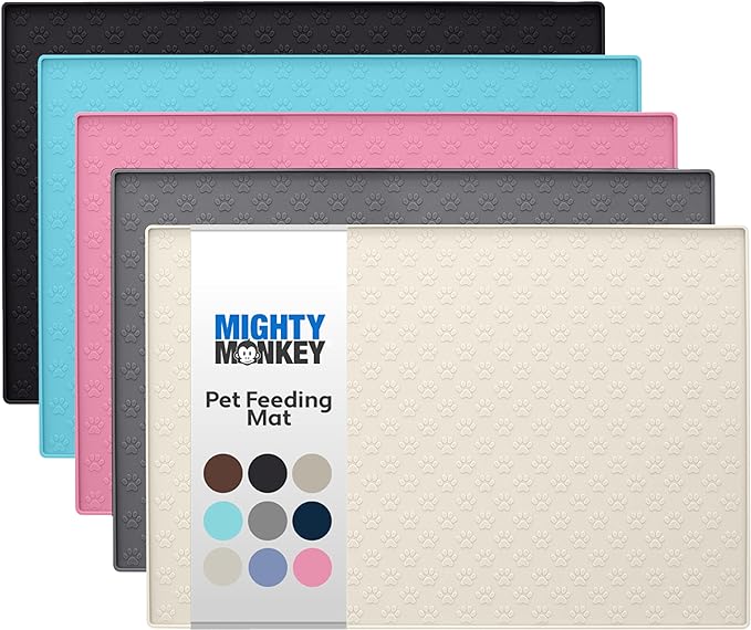 MIGHTY MONKEY 100% Waterproof Dog Food Mat, Raised Edges Silicone Pet Feeding Placemat for Cat, Dogs, Pet Bowls, High Lipped Tray Prevents Water Spills, Food on Floor, Dishwasher Safe, 18x12, Cream