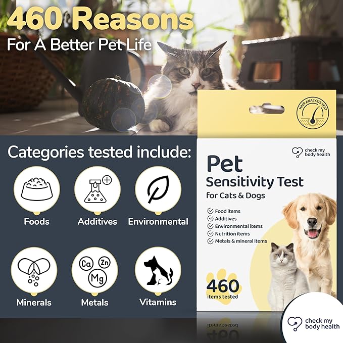 Check My Body Health Pet Sensitivity Test for Cats or Dogs, Easy to Use at Home Food Sensitivity Test for Cats & Dogs, 460 Different Intolerances Tested, Hair Analysis Testing Kit, Results in 5 Days