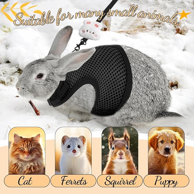 Rabbit Harness and Leash Set with 2 Cute Decorations Soft Adjustable Buckle Breathable Mesh Vest Harness for Rabbits Ferret Small Pig Puppy Walking Supplies (Black