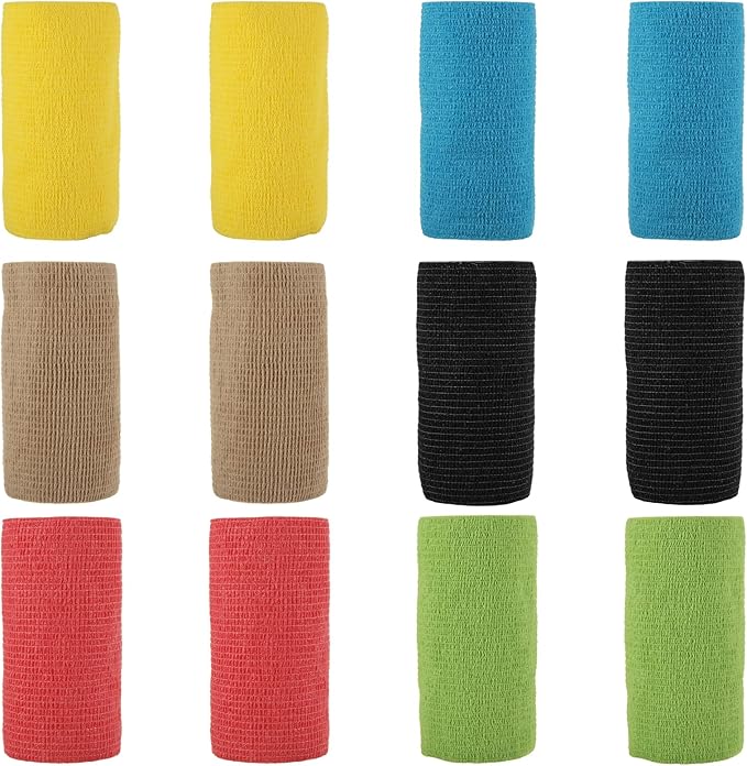 12 Pack 4 Inch x 5 Yard Vet Wrap Bulk Bandage Tape, Self Adhesive Bandage Wrap for First Aid, Non-Woven Cohesive Bandage for Horses Dogs Cats Elbow Ankle - 6 Color