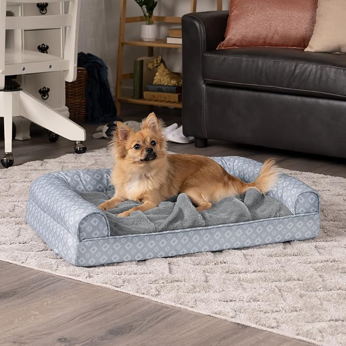 Furhaven Cozy Orthopedic Dog Bed for Medium/Small Dogs w/ Removable Bolsters & Washable Cover, For Dogs Up to 35 lbs - Plush & Diamond Print Nest Top Sofa - Gray, Medium