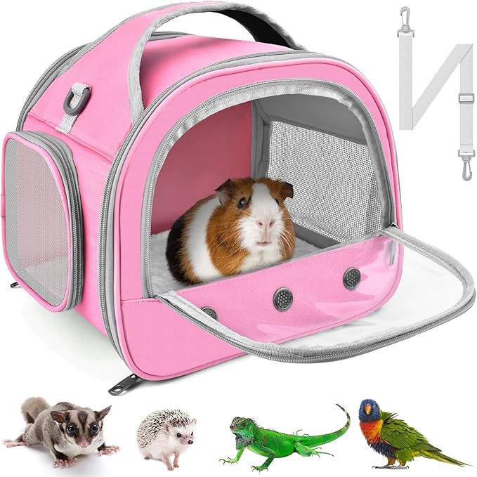 Bissap Guinea Pig Carrier Bag, Portable Small Animal Carrier Pouch for Hamster Chinchilla Bunny Hedgehog Lizard Bearded Dragon Bird Outgoing Reptile Travel Carrying Case - Pink