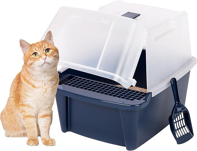 IRIS USA Large Cat Litter Box Enclosure with Front Door Flap and Scoop, Split Hooded Kitty Litter Tray with Entry Gate for Privacy and Keeping Litter Inside, Navy