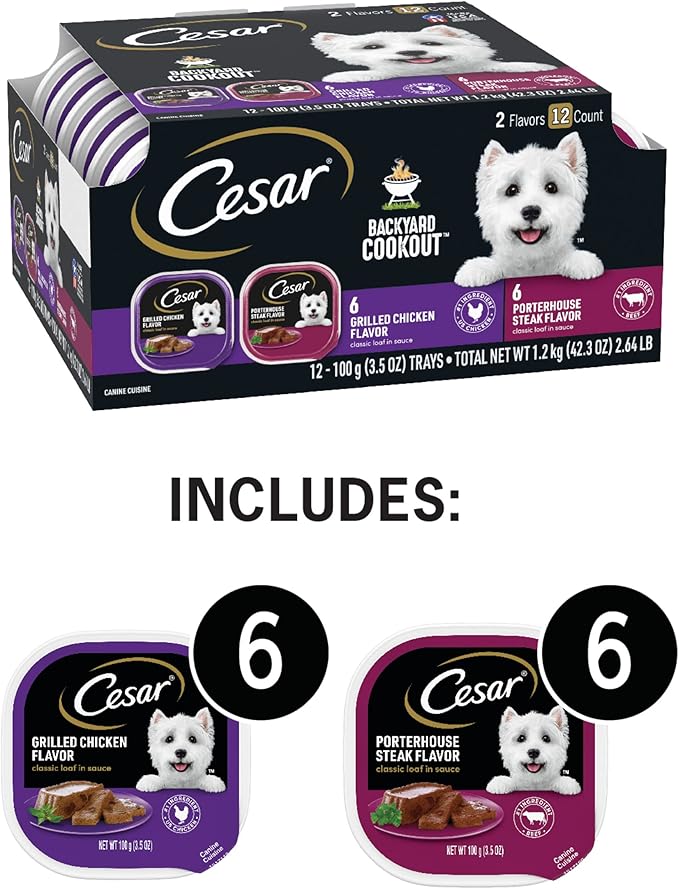 CESAR BACKYARD COOKOUT Adult Wet Dog Food Classic Loaf in Sauce Variety Pack, Grilled Chicken and Porterhouse Steak Flavors, (12) 3.5 oz. Easy Peel Trays